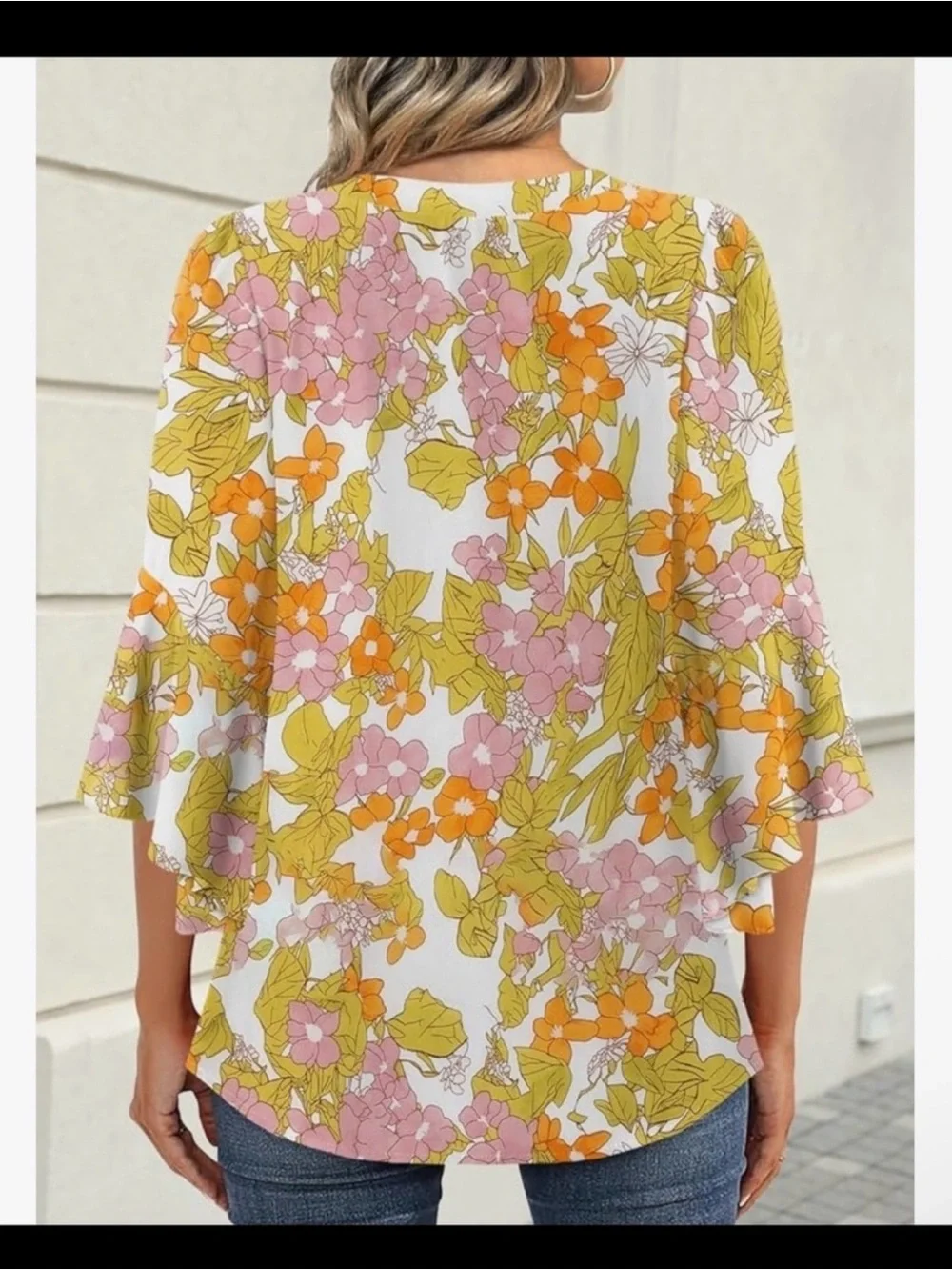 Floral V-Neck Ruffle Sleeve Blouse - White with Pink & Orange Floral Print - Picture 3 of 3